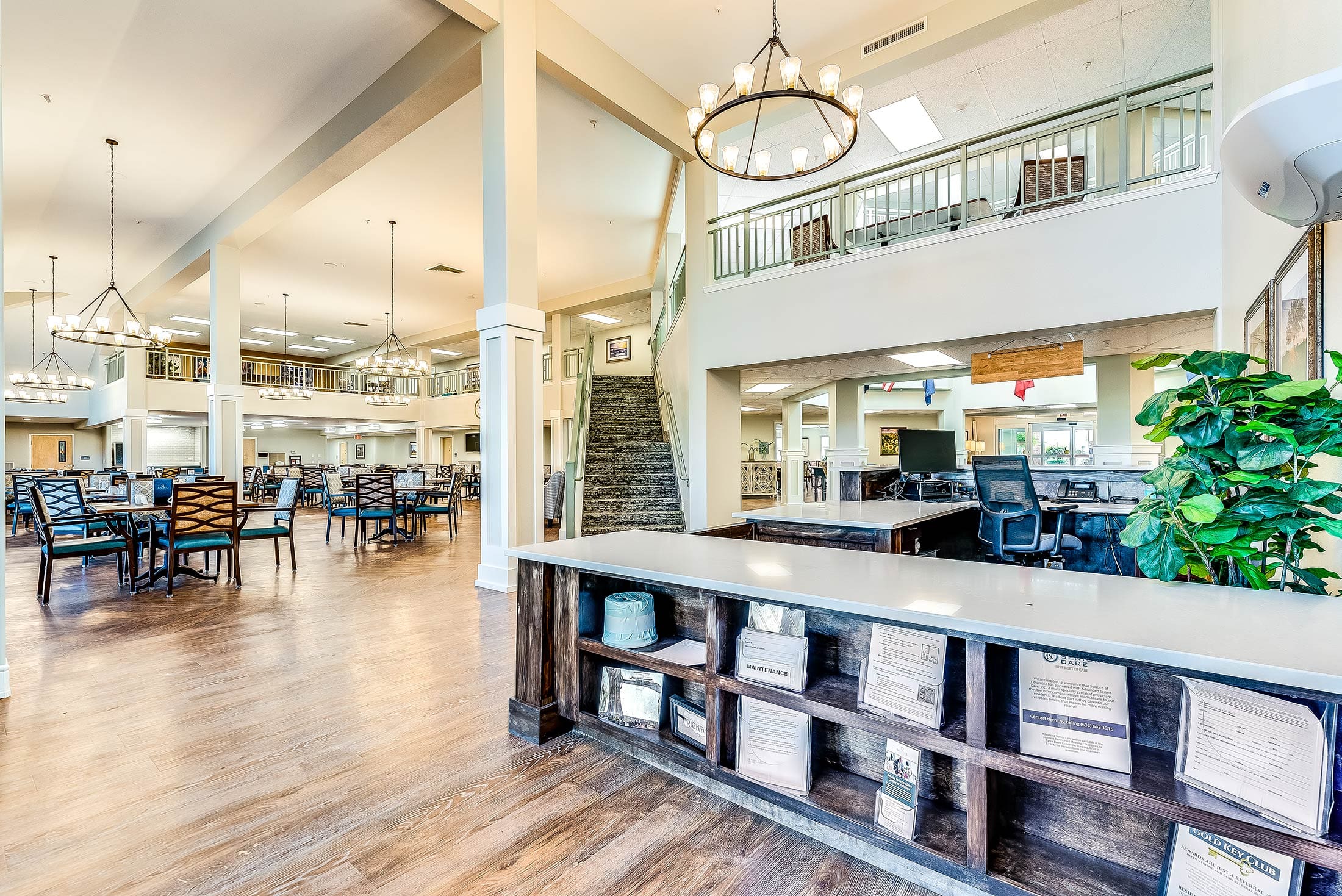 Welcome desk dining area stairway Columbia